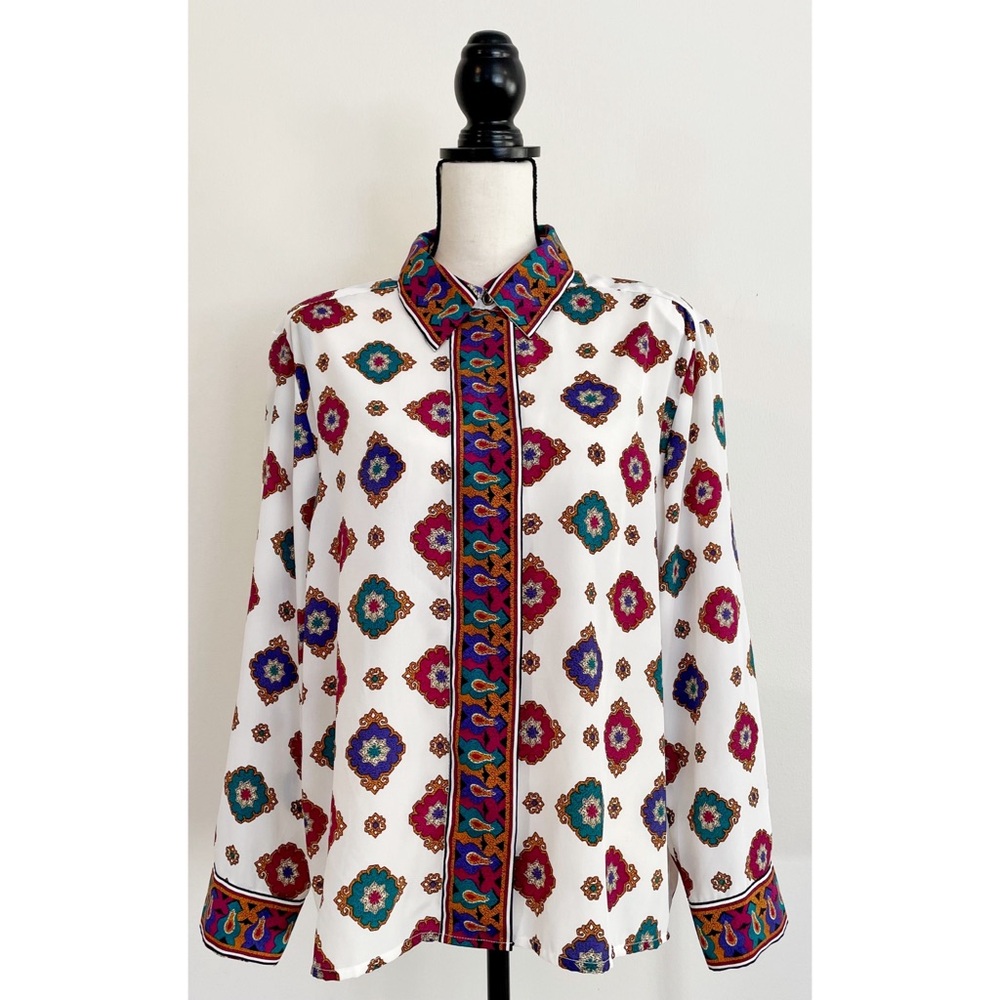 Vintage 80s Multicolor Medallion Print Button Down Blouse
